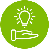 Green icon with an outline of a hand holding a lightbulb 