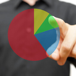 Advertising employee pointing to pie chart on computer screen